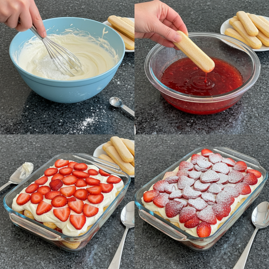 Preparing strawberries and cream tiramisu in kitchen setting.