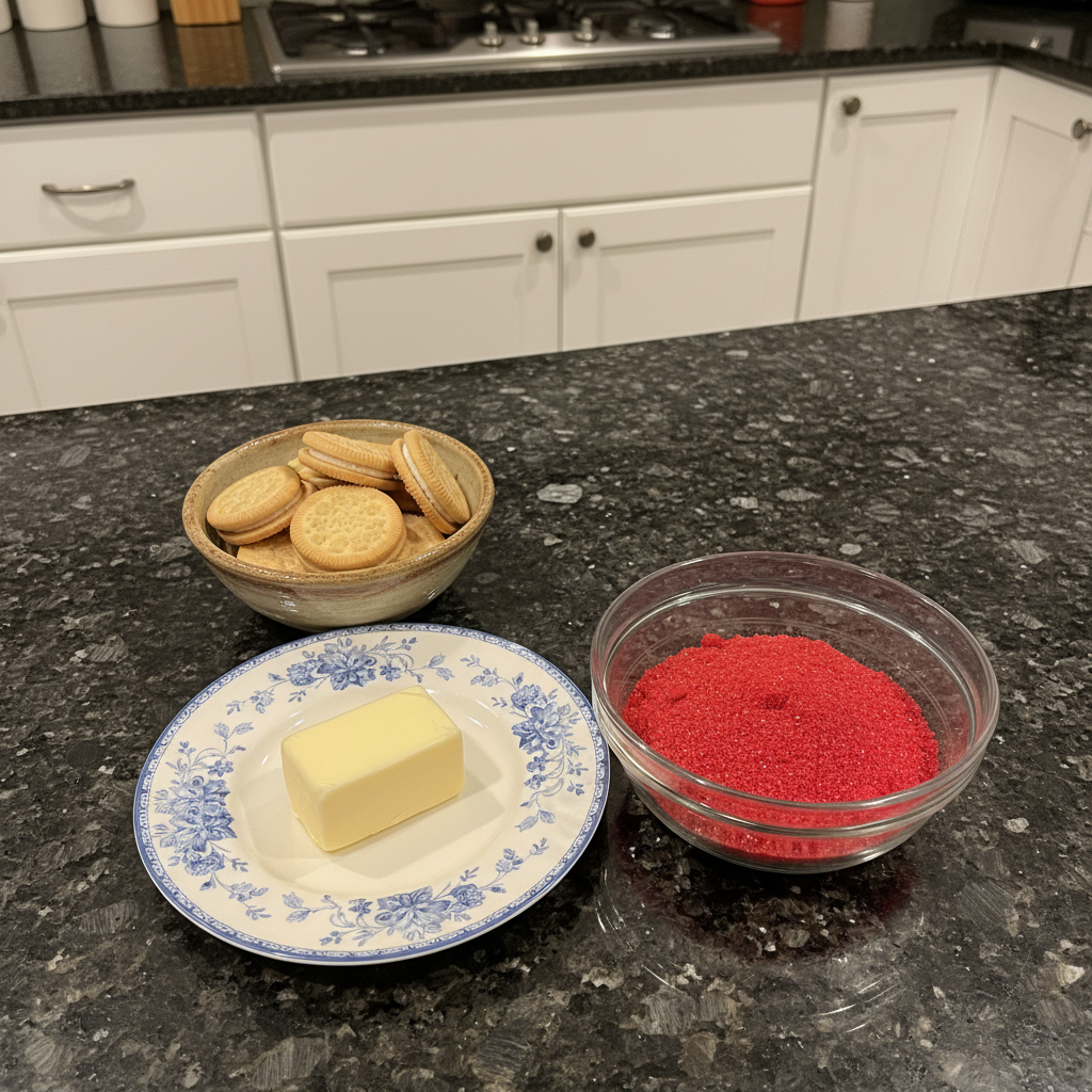 Overhead shot of ingredients for homemade strawberry crunch topping recipe.