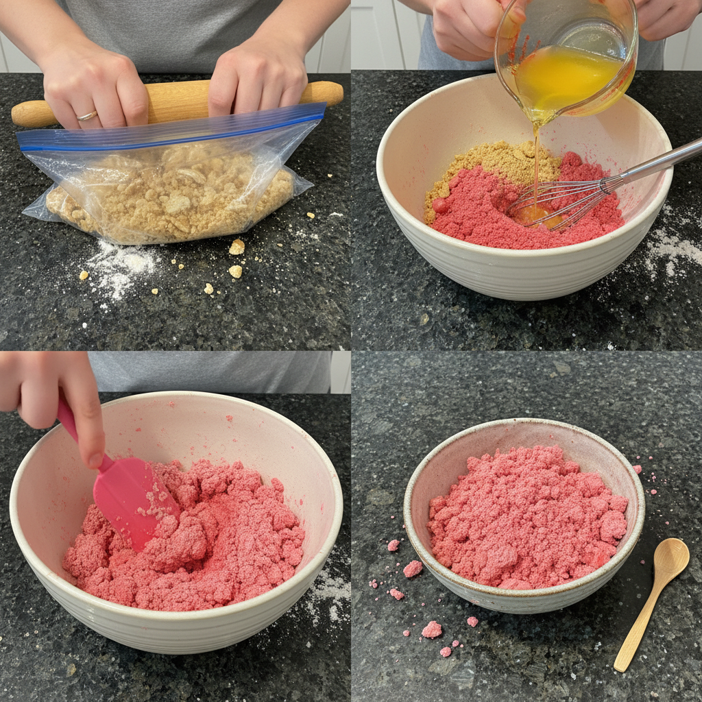 Close up of mixing strawberry crunch topping ingredients in bowl.