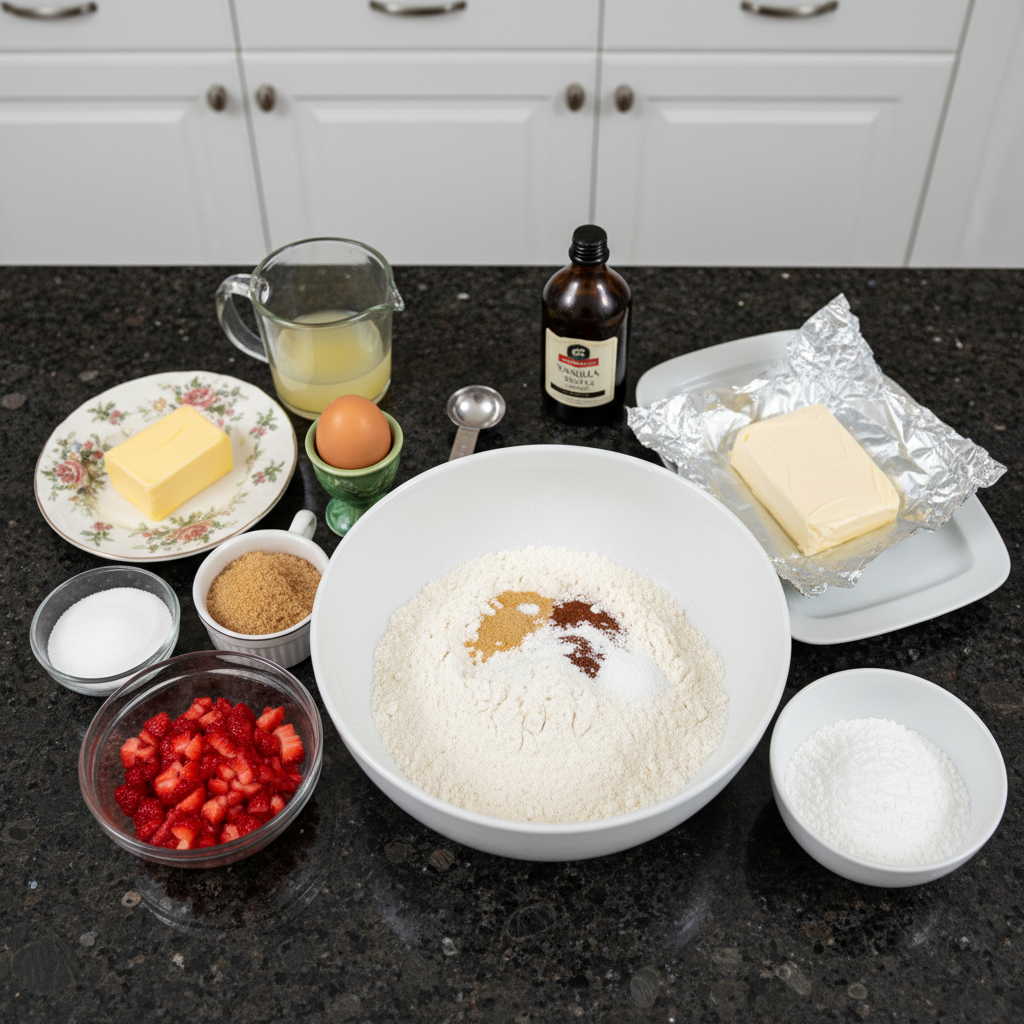 Fresh strawberries and baking ingredients to make Strawberry Shortcake Cookies.