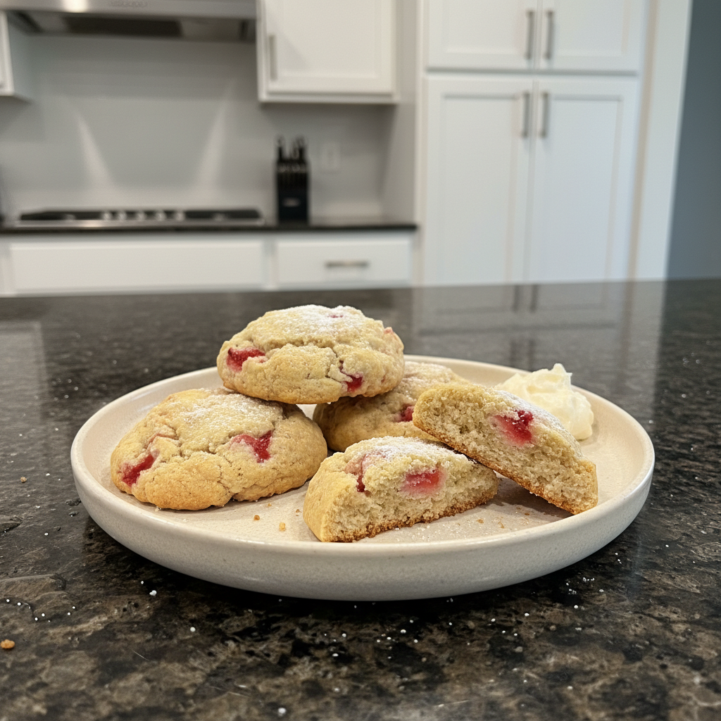 A stack of fluffy pancakes topped with banana slices, almonds, chia seeds, and maple syrup, served with a glass of orange juice.