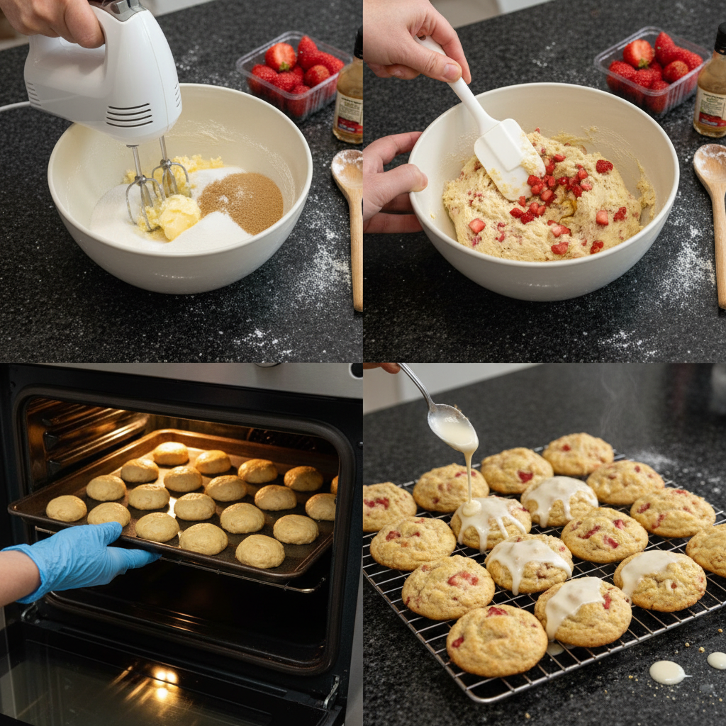 Cutting Strawberry Shortcake Cookies from dough for baking.