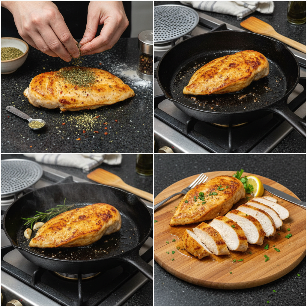 Step-by-step prep of sunday dinner chicken breast being prepared.