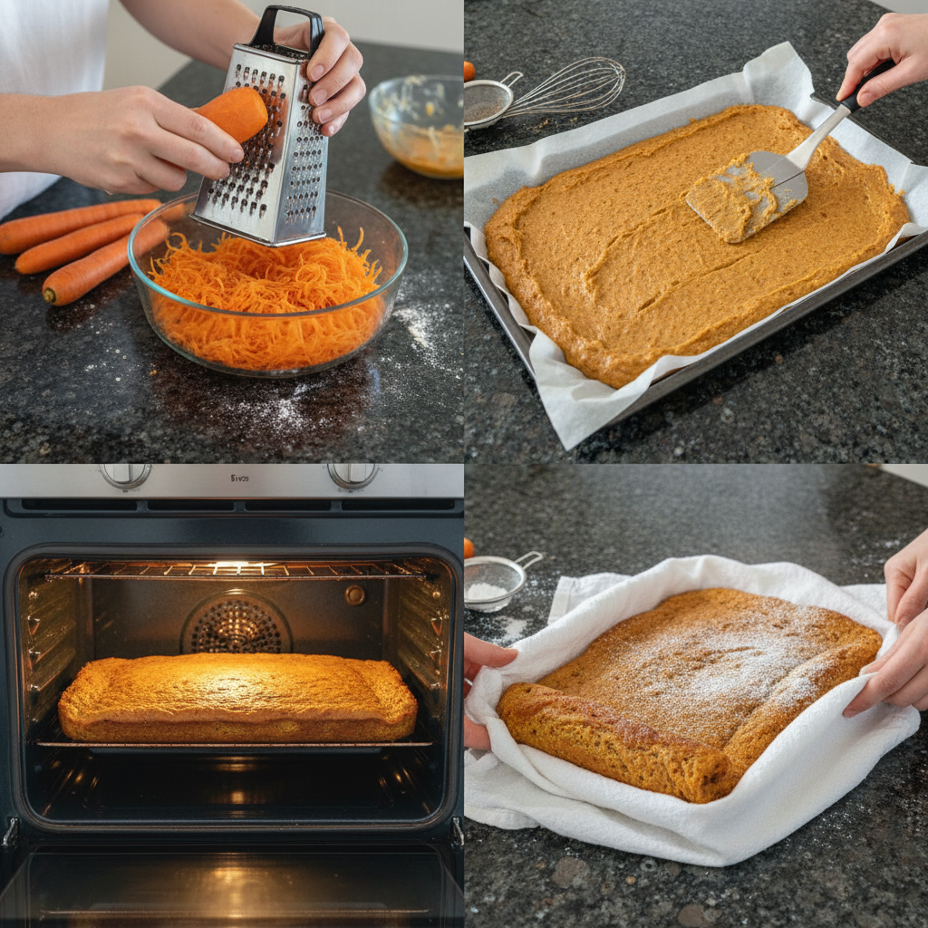swiss-roll-carrot-cake-prep Step-by-step prep image of rolling swiss roll carrot cake.
