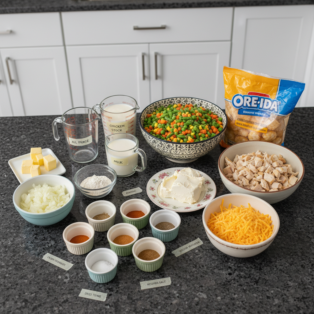 All the ingredients needed to make tater tot chicken pot pie.