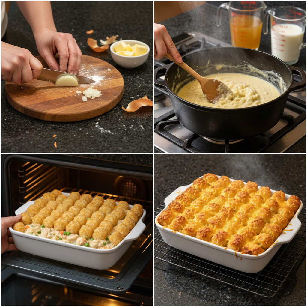 Step-by-step instructions for making tater tot chicken pot pie.