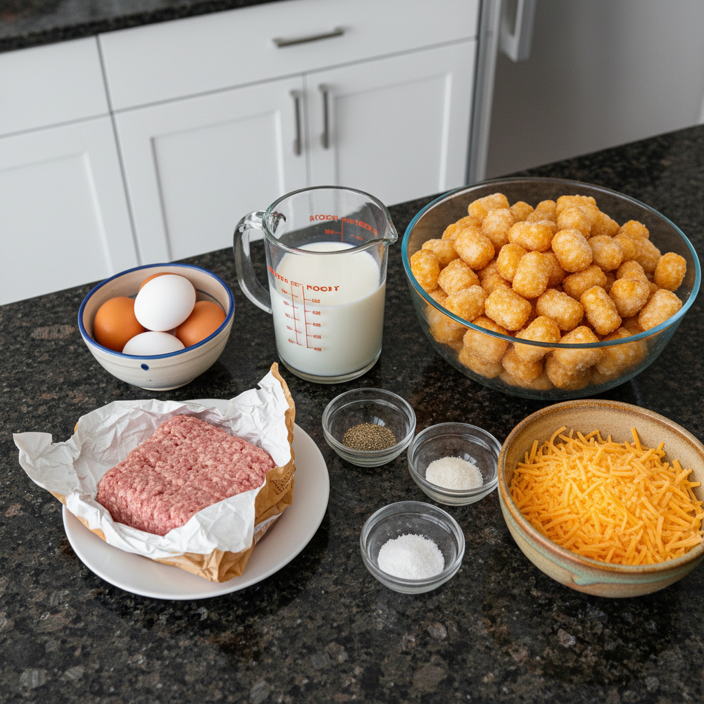 Tater tot sausage breakfast casserole ingredients: tater tots, sausage, eggs, cheese.