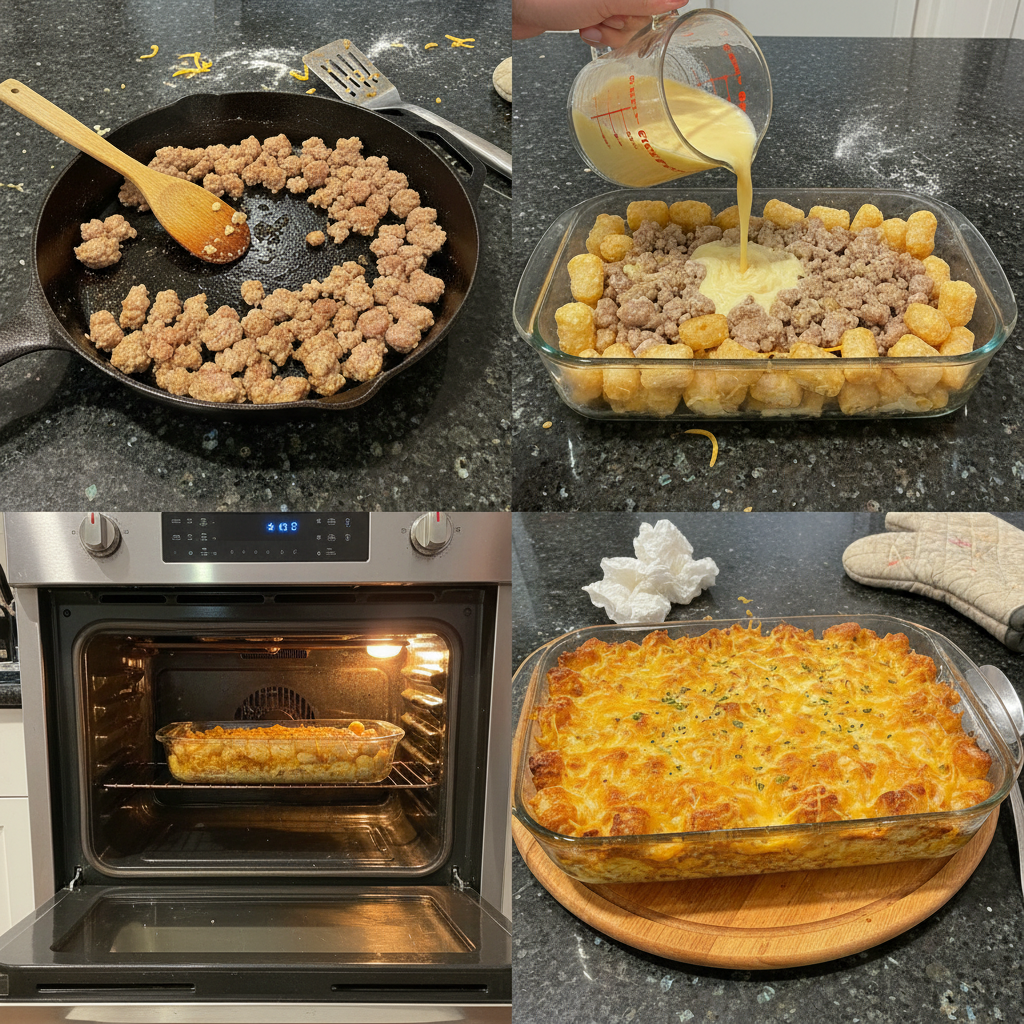 Assembling the tater tot sausage breakfast casserole in a baking dish.