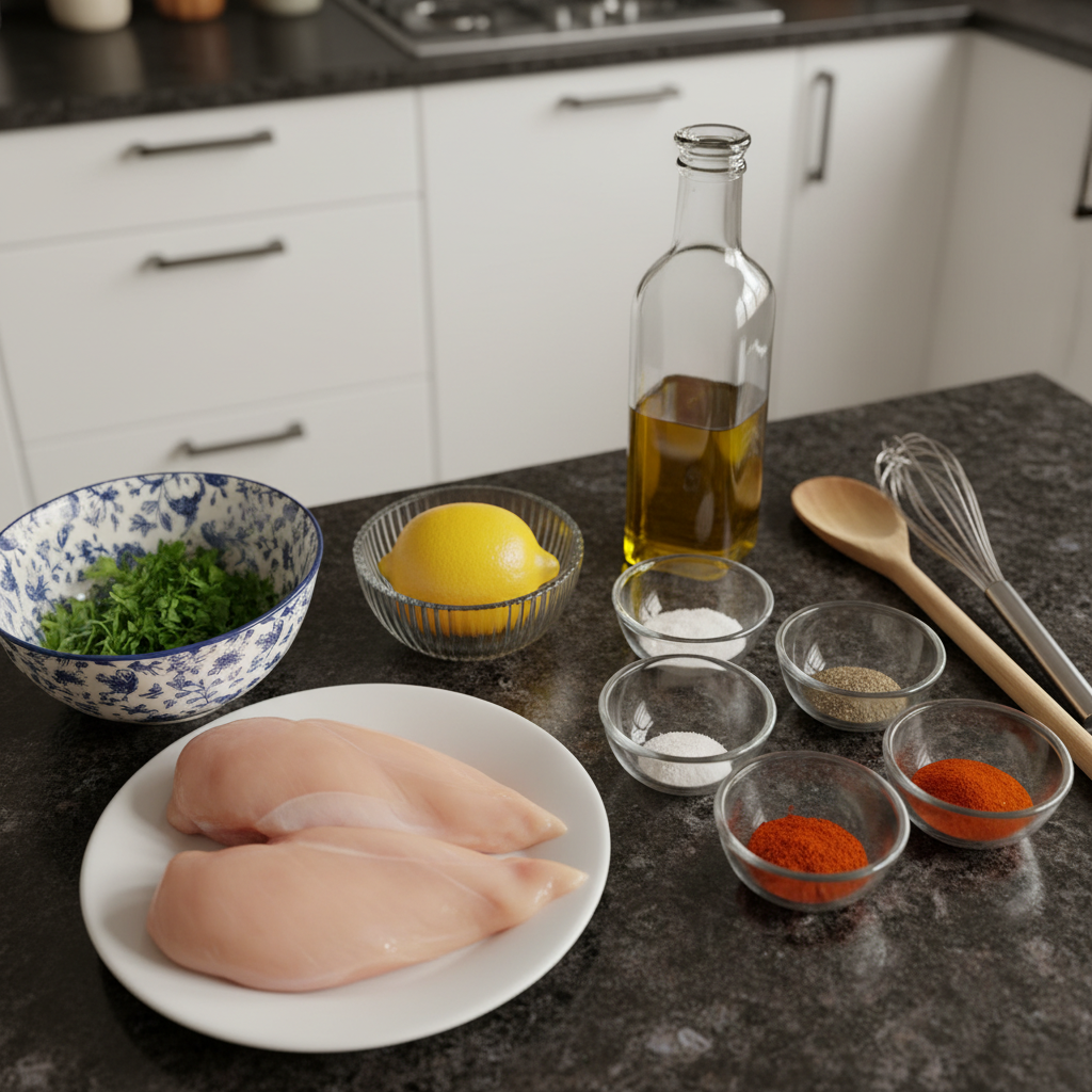 All the fresh ingredients for making delicious thin sliced chicken breast.