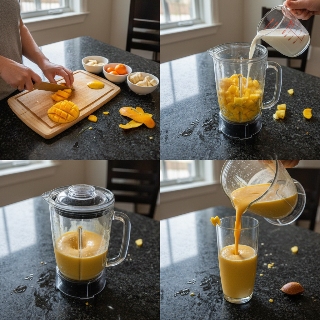 Blending a Valentine's tropical mango smoothie until smooth and creamy.