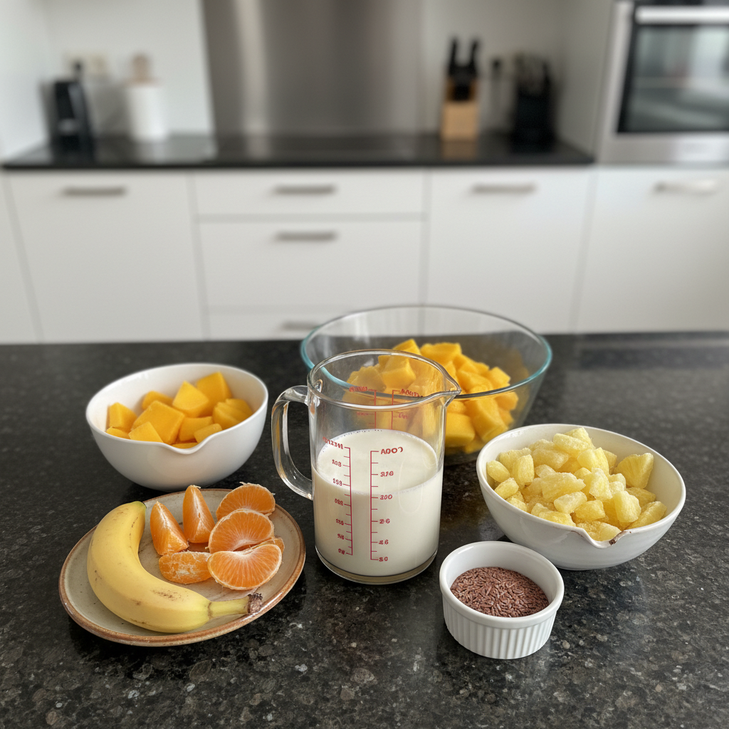 Valentine's tropical mango smoothie ingredients: fresh mangoes, pineapple, and creamy yogurt.