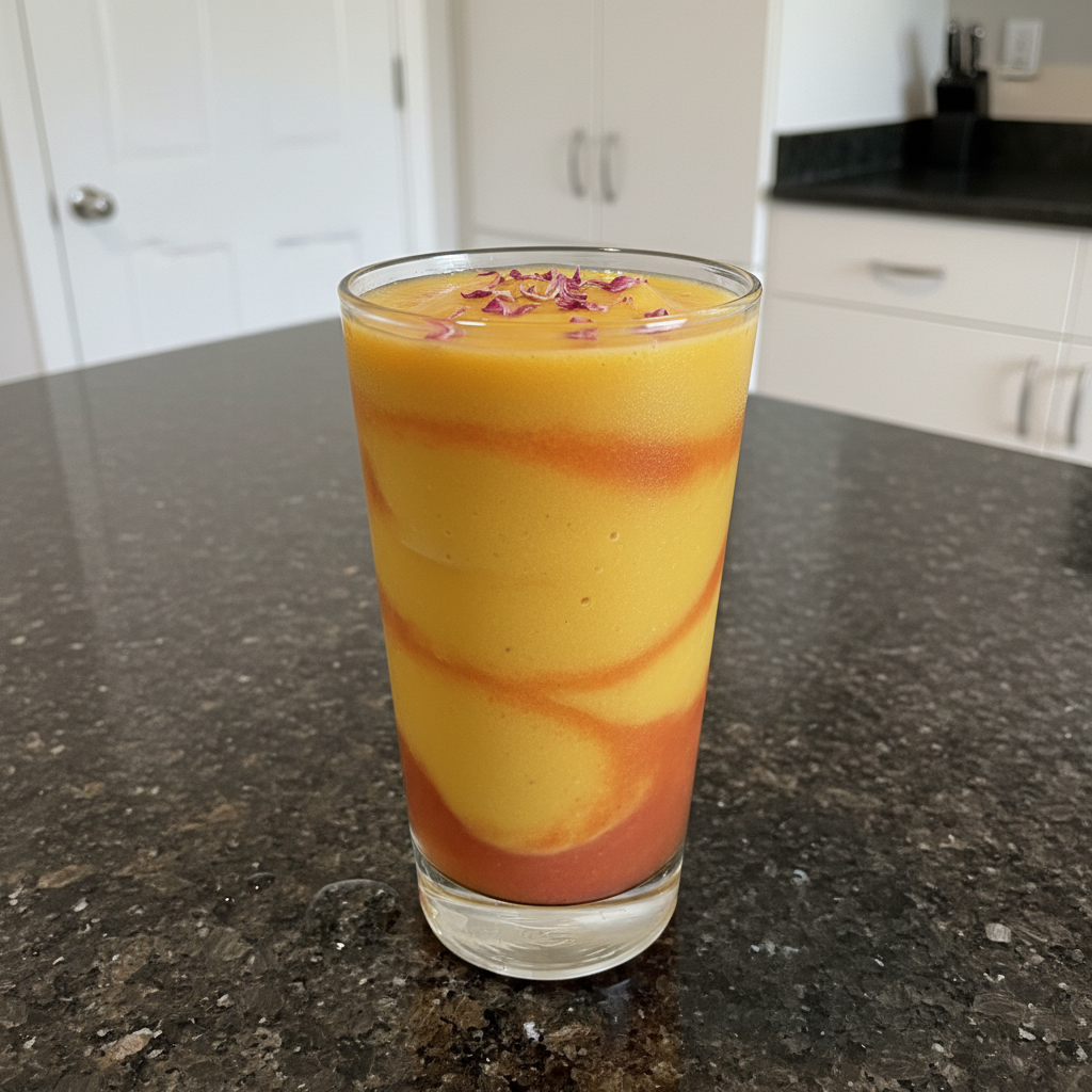 A stack of fluffy pancakes topped with banana slices, almonds, chia seeds, and maple syrup, served with a glass of orange juice.