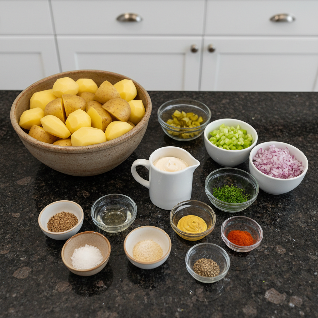 Ingredients for a vegan potato salad recipe, featuring potatoes, vegan mayo, and fresh herbs.