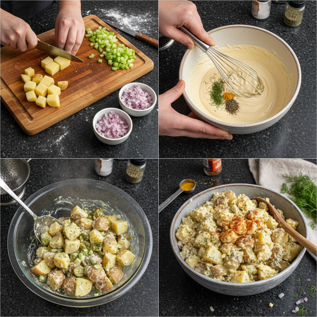 Preparing vegan potato salad, showing the process of mixing ingredients together.
