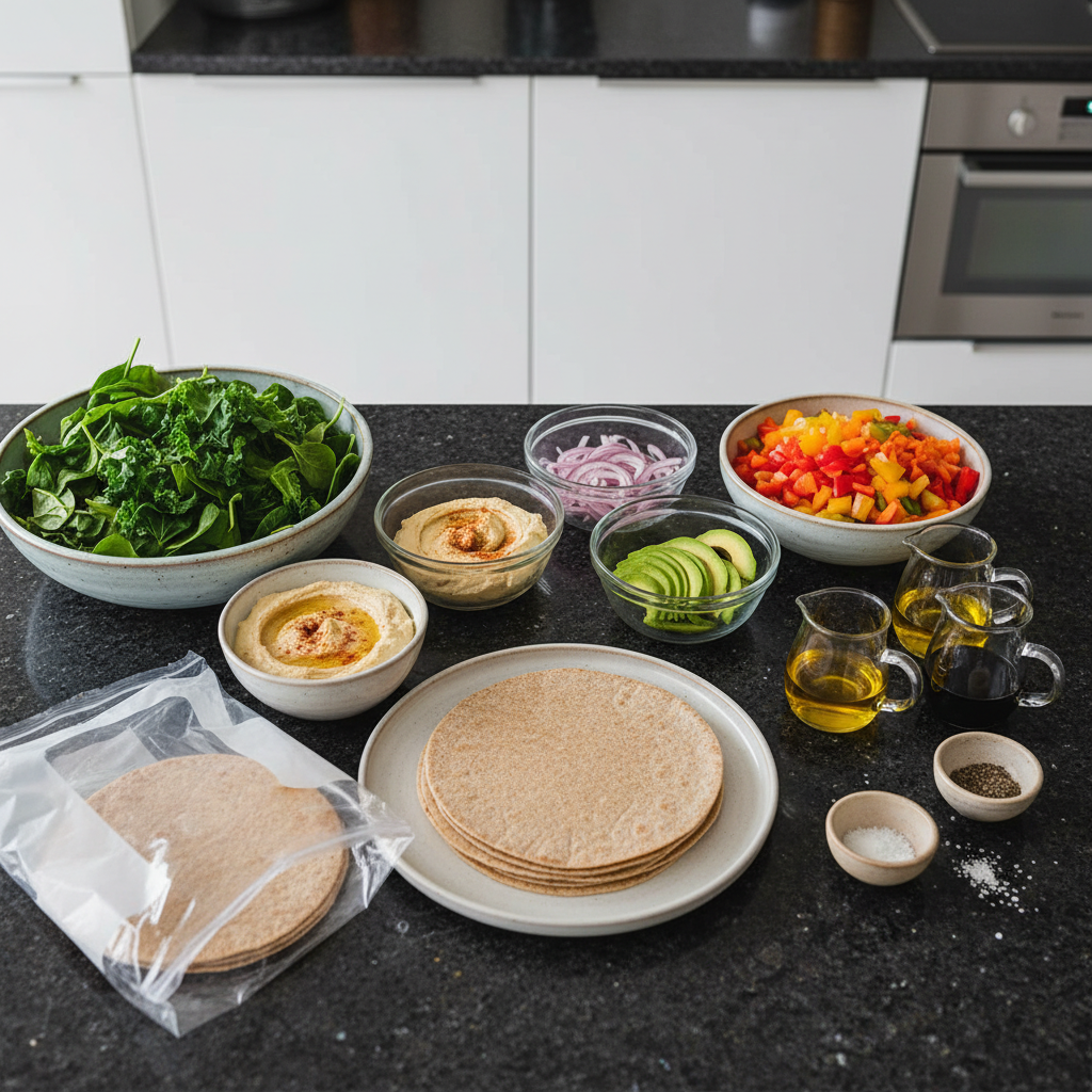 Fresh ingredients for veggie wraps, including colorful vegetables and tasty sauces.