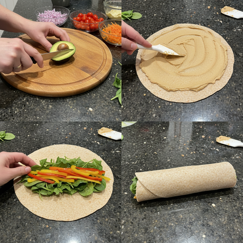 Preparing a veggie wrap, showing the step-by-step process of assembling the ingredients.