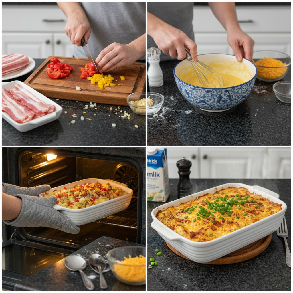 Step-by-step preparation of the bacon egg potato breakfast casserole.