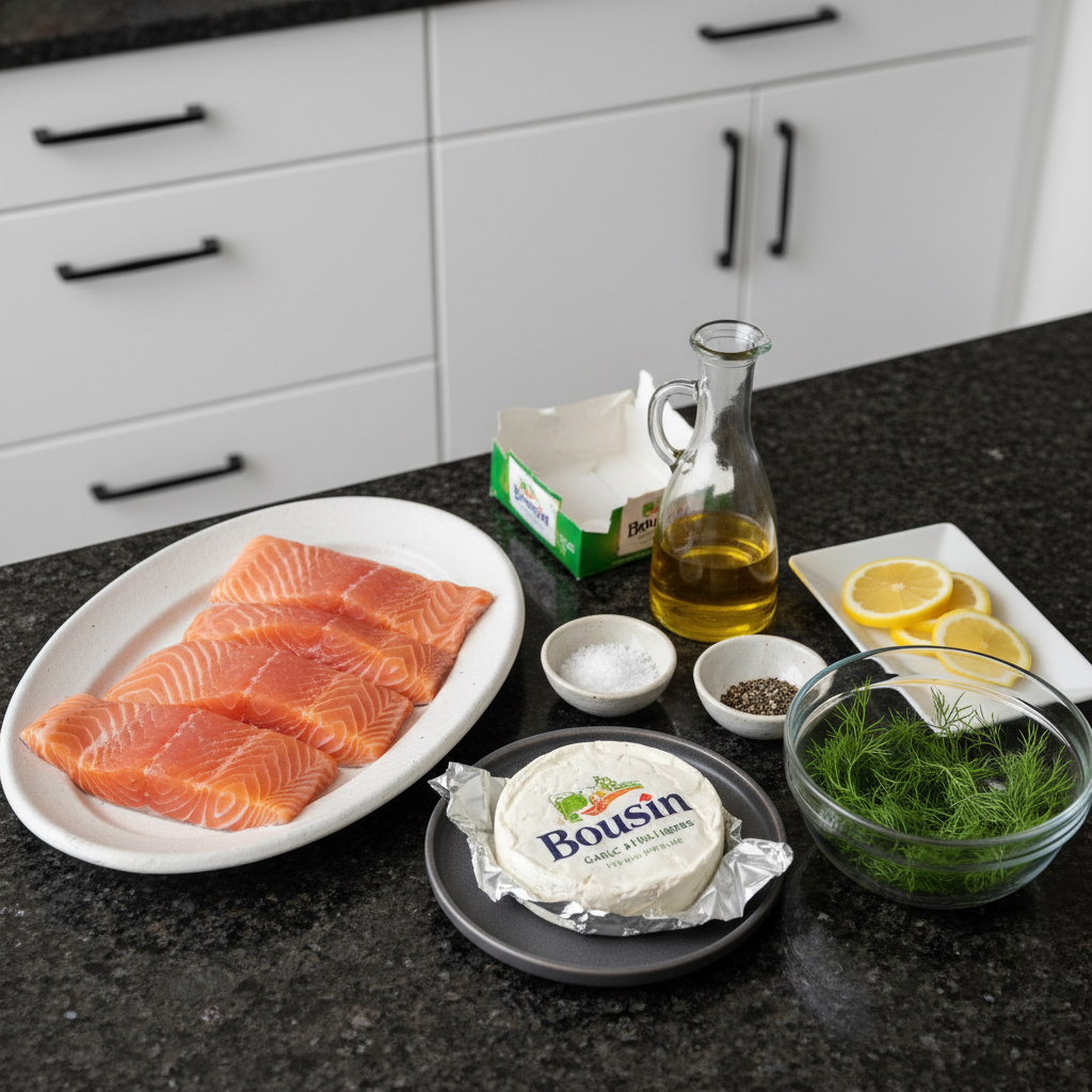 Boursin salmon ingredients, including salmon fillets, Boursin cheese, and herbs, laid out.
