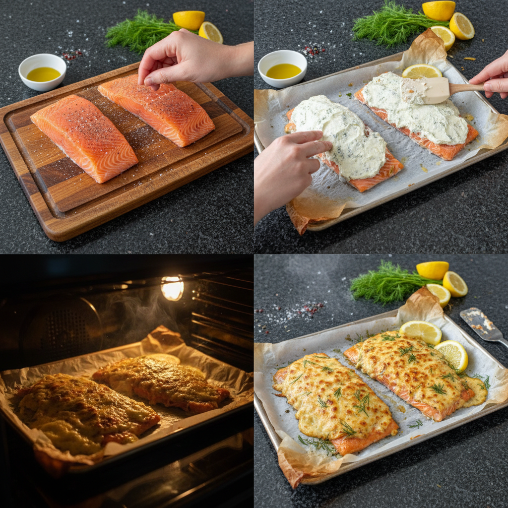 Preparing baked boursin salmon by topping salmon with Boursin cheese.