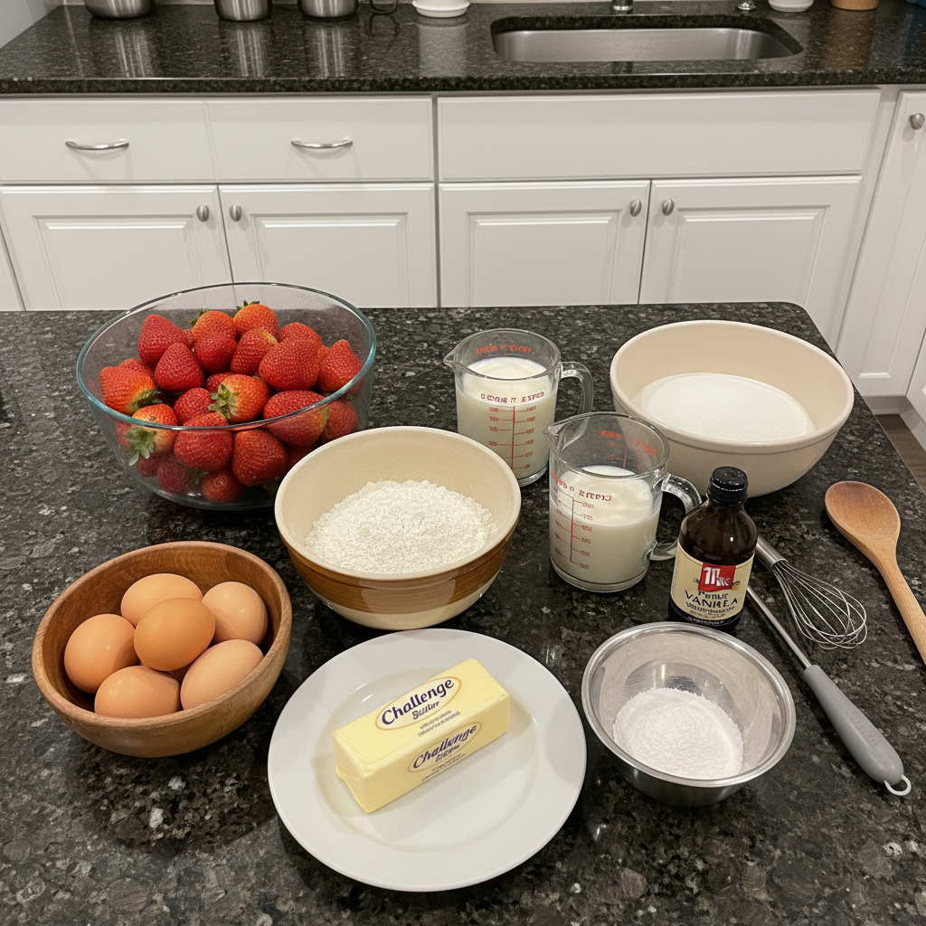 Raw ingredients for bakery style strawberry shortcake arranged on a kitchen counter.