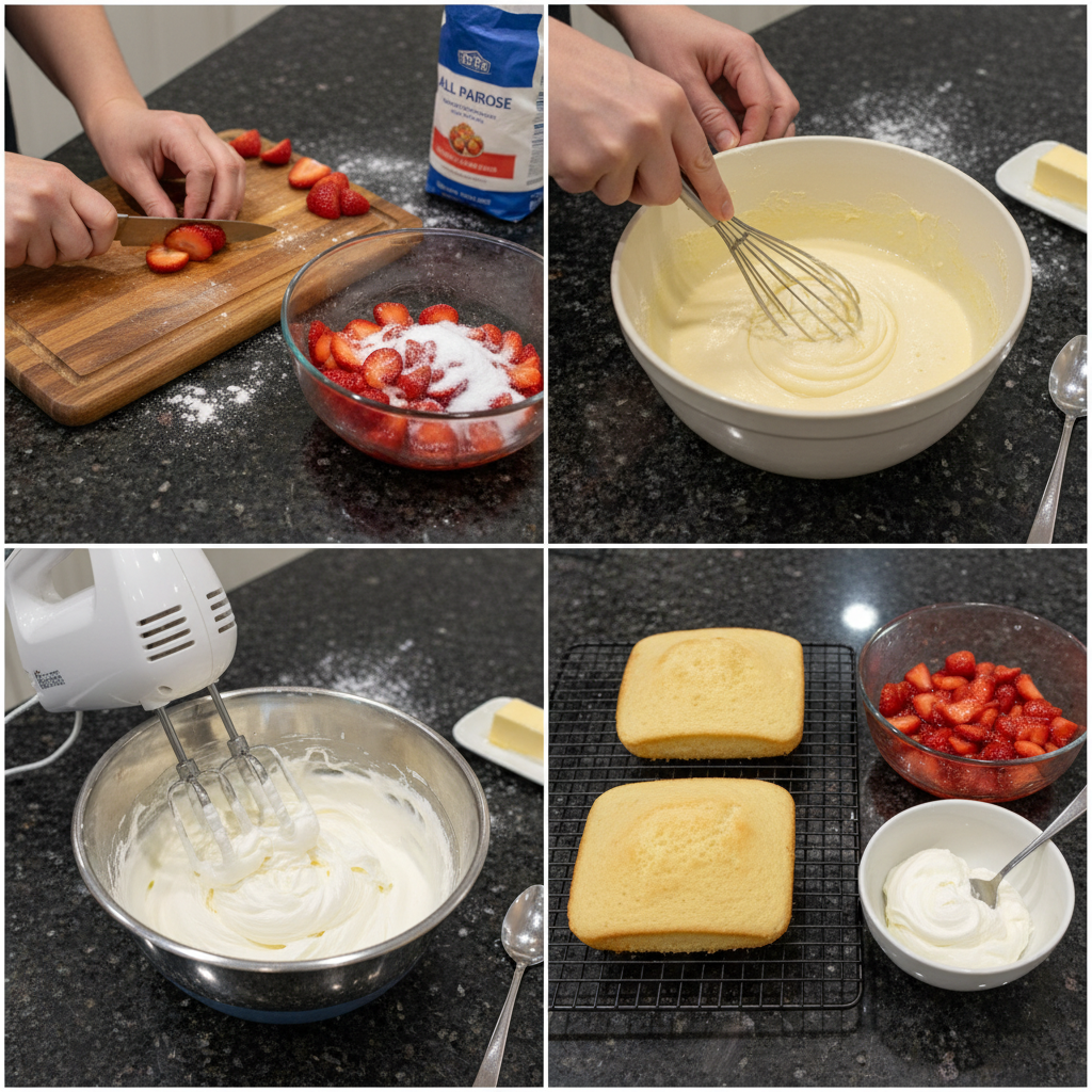 Slicing golden biscuits to assemble a bakery style strawberry shortcake.