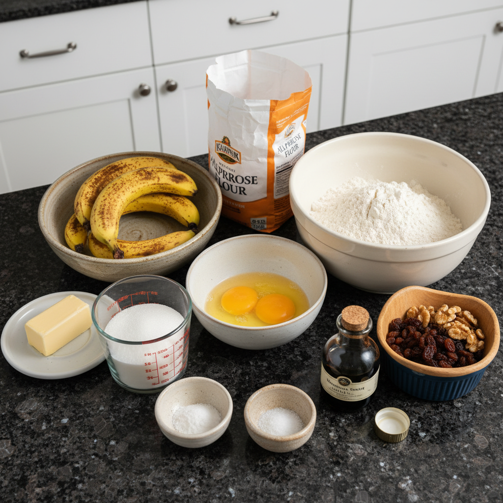 Ingredients for Banana Bread with 3 Bananas, including flour, sugar, and ripe bananas.
