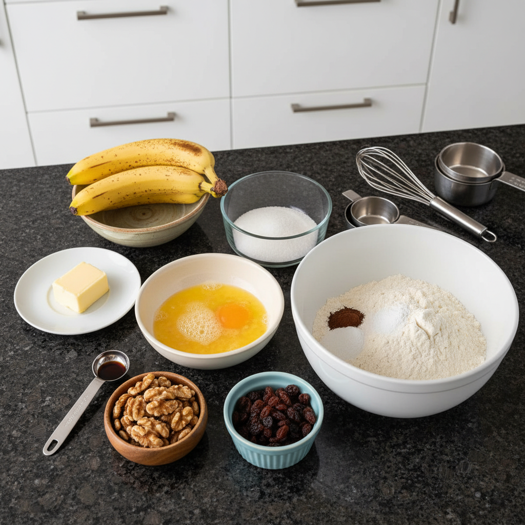 Close up of ingredients for Banana Bread with 3 Bananas: flour, bananas, sugar.