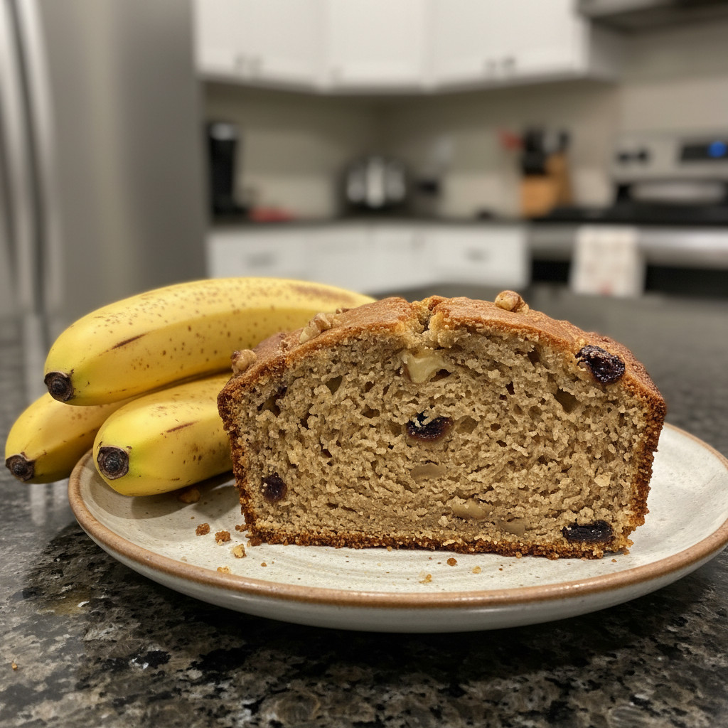 A stack of fluffy pancakes topped with banana slices, almonds, chia seeds, and maple syrup, served with a glass of orange juice.