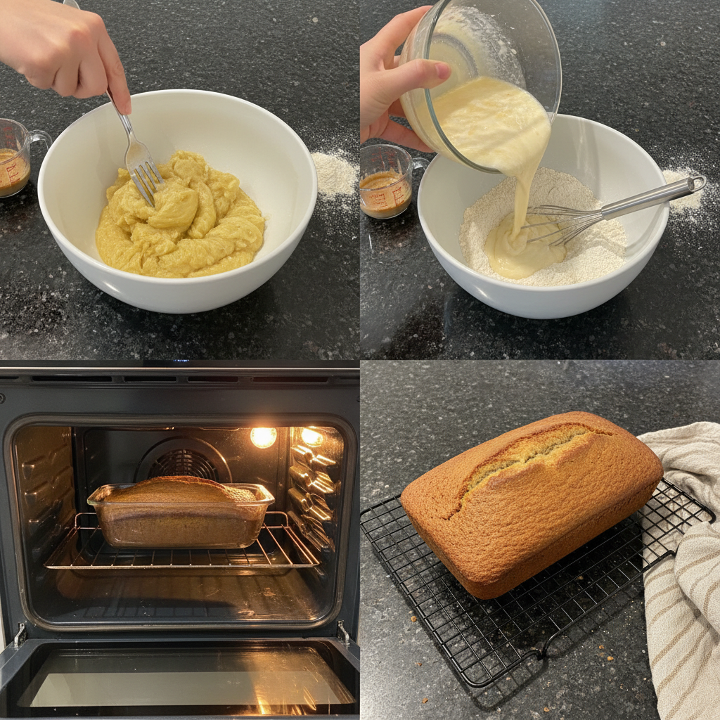 Mixing Banana Bread batter with 3 Bananas in a bowl before baking.