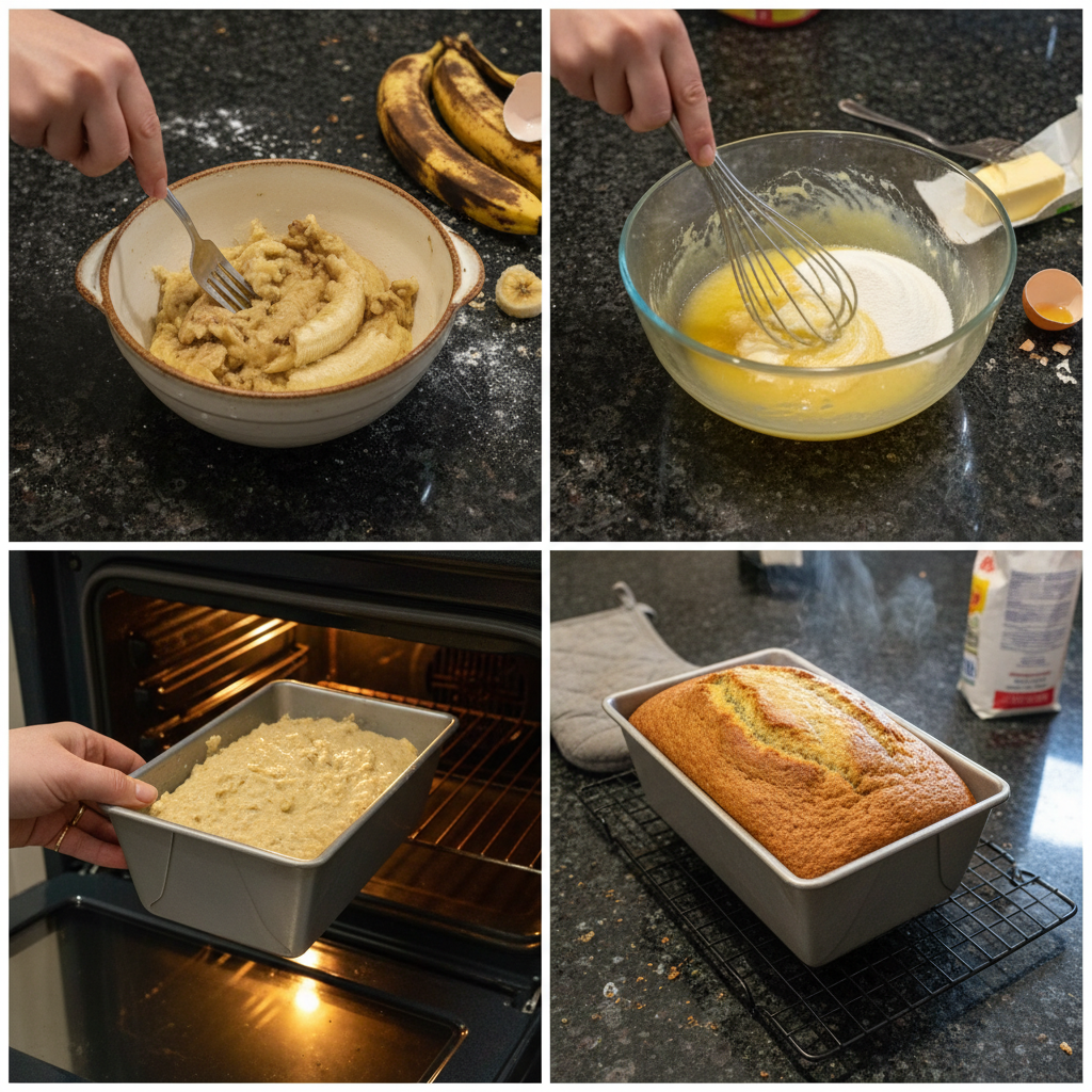 Mixing Banana Bread batter with 3 Bananas in a bowl.