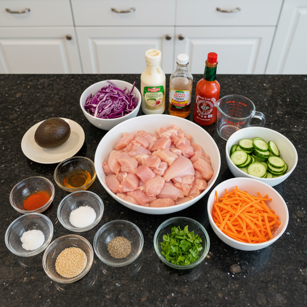 All the fresh ingredients for a delicious bang bang chicken bowl.