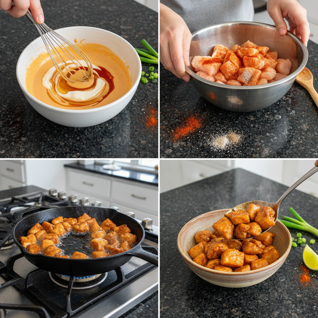 Step-by-step prep for making a homemade bang bang chicken bowl.