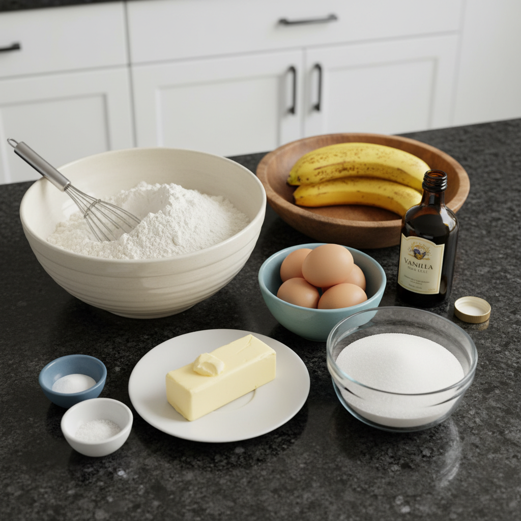 Ingredients for beginner banana bread recipe: bananas, flour, sugar, eggs.