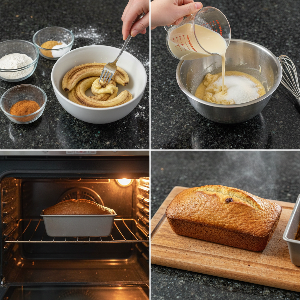 Mashing ripe bananas for a beginner banana bread recipe.