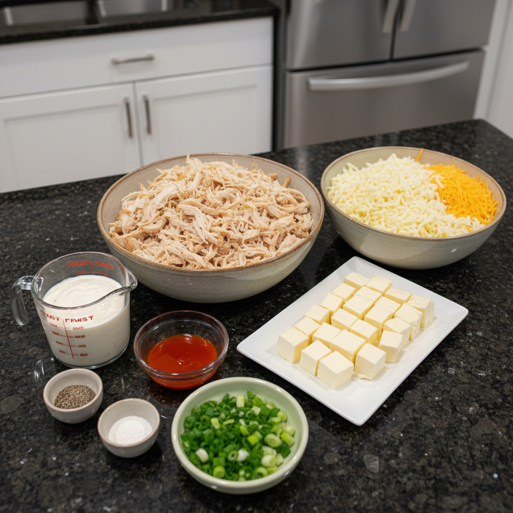 All the best buffalo chicken dip ingredients laid out on a wooden surface.