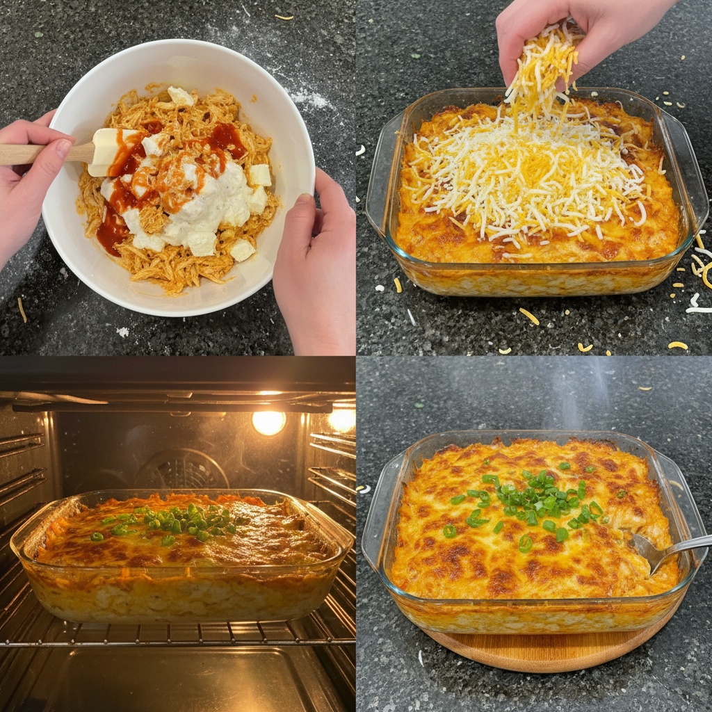 Step-by-step instructions for preparing the best buffalo chicken dip in a bowl.