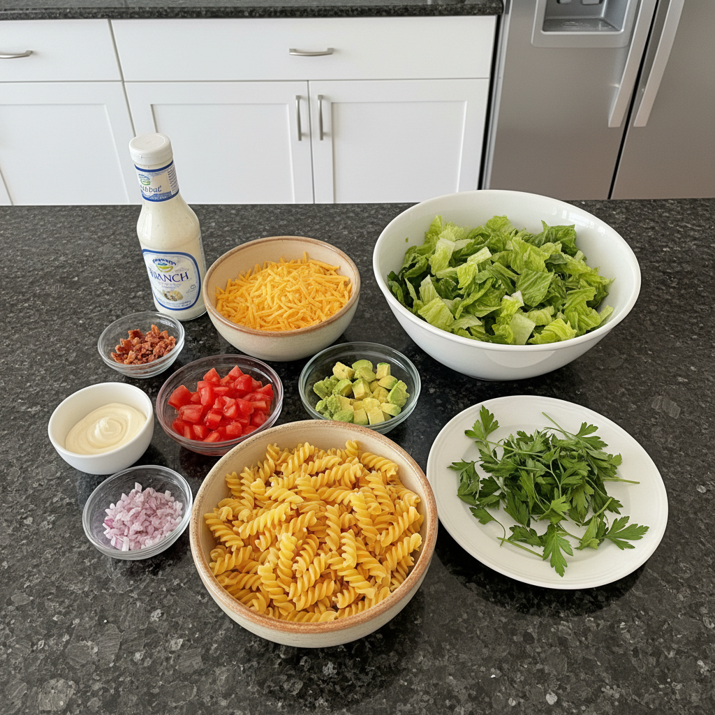Overhead shot of fresh BLT Pasta Salad ingredients: pasta, bacon, lettuce, tomato, and dressing.