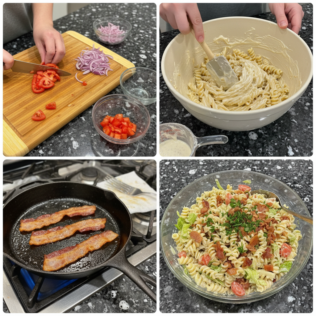 Step-by-step images showing how to prepare BLT Pasta Salad recipe.