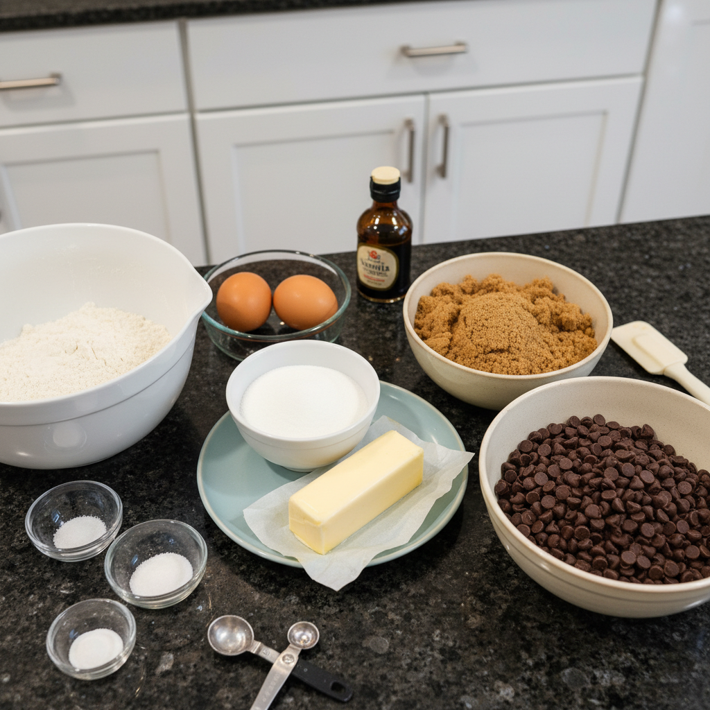 All ingredients for brown butter chocolate chip cookies: flour, sugar, eggs, butter, chocolate chips.