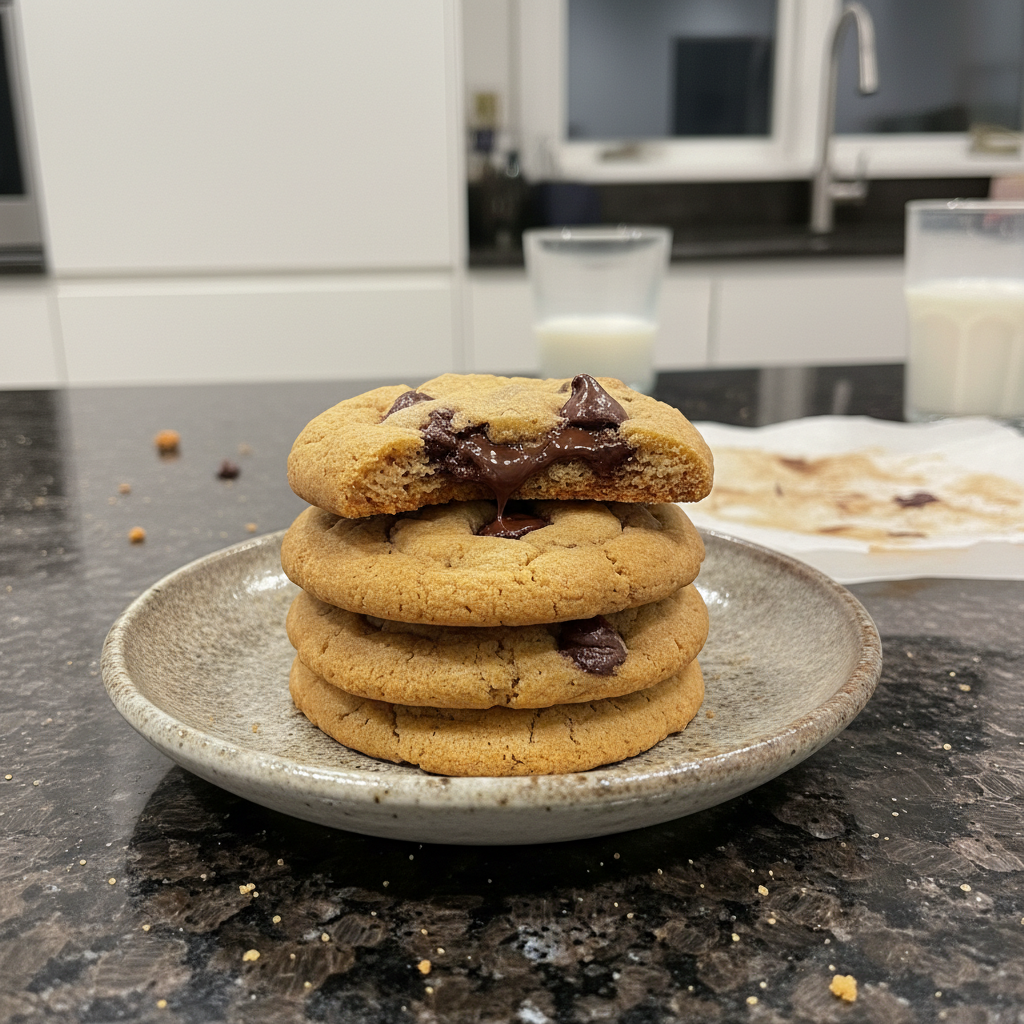 A stack of fluffy pancakes topped with banana slices, almonds, chia seeds, and maple syrup, served with a glass of orange juice.