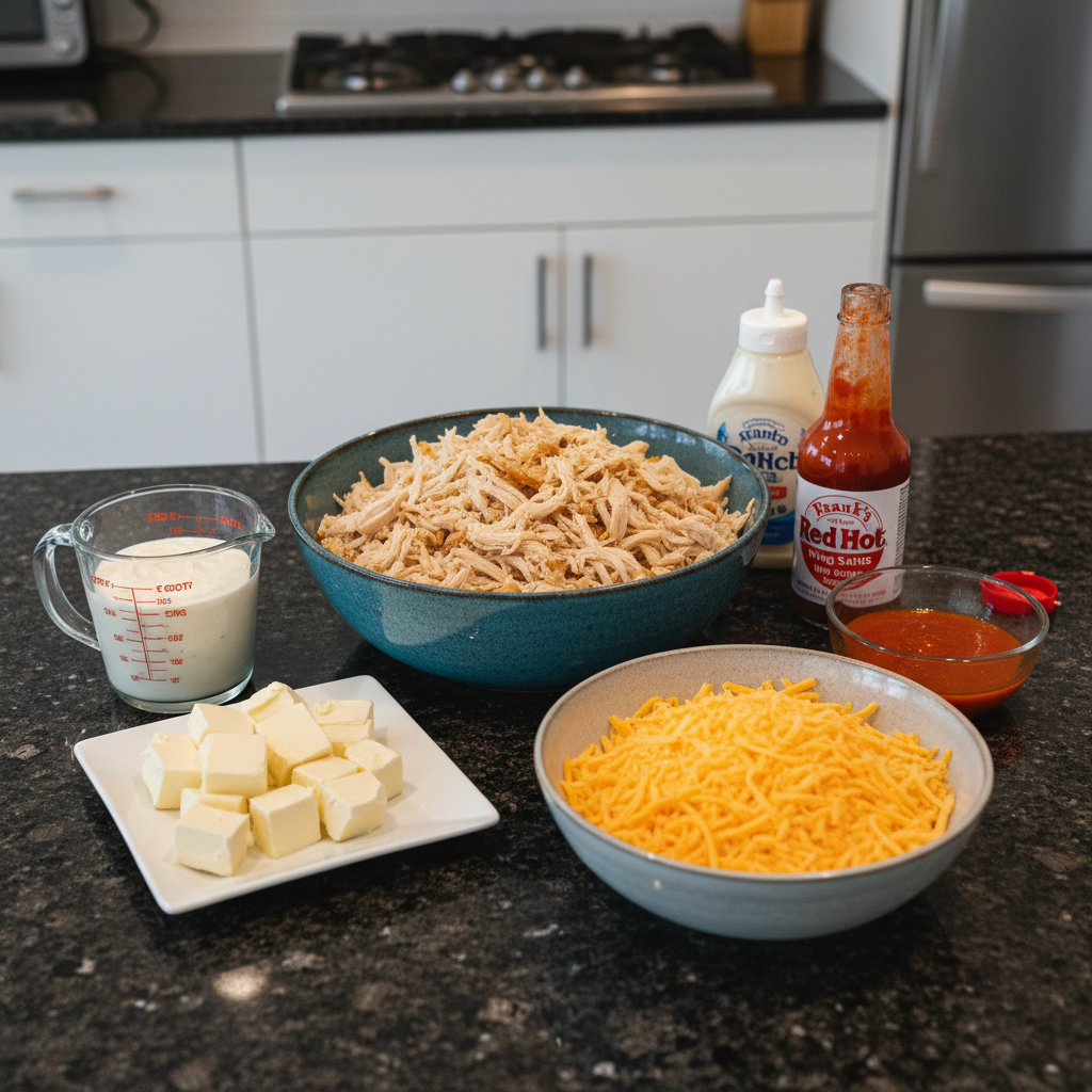 All the ingredients for buffalo chicken dip crock pot recipe laid out on a counter.