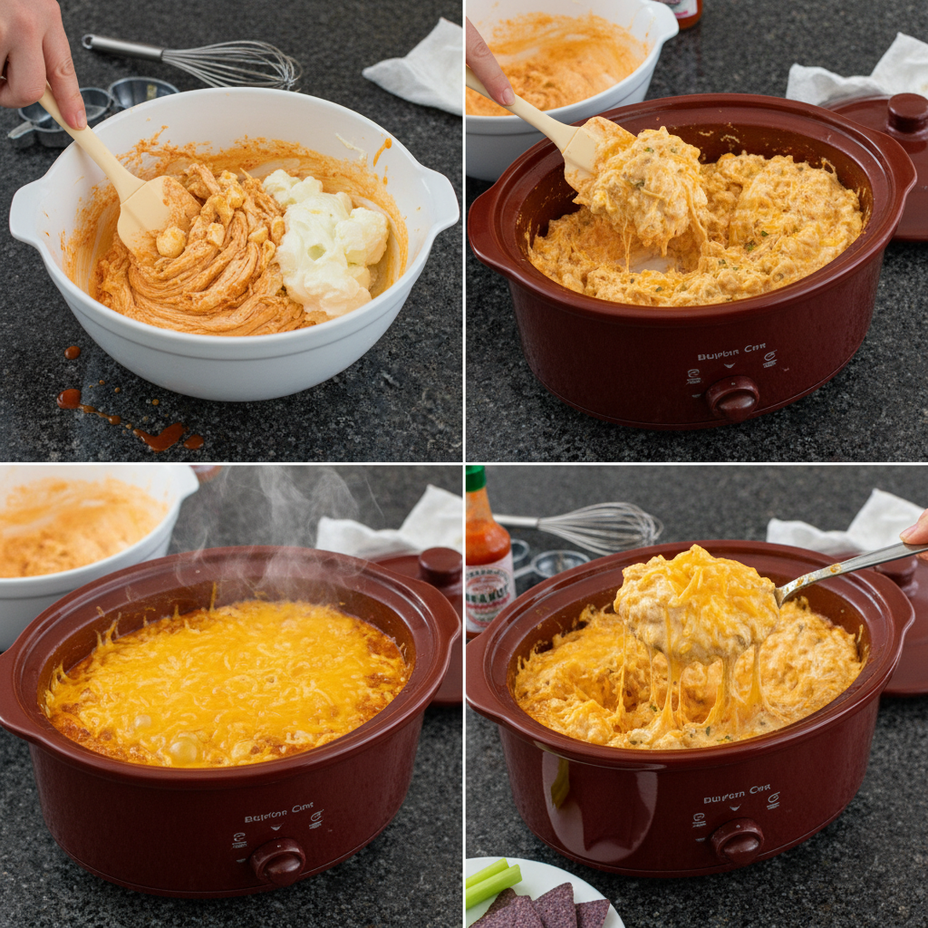 Mixing buffalo chicken dip in a crock pot before cooking, easy prep instructions.