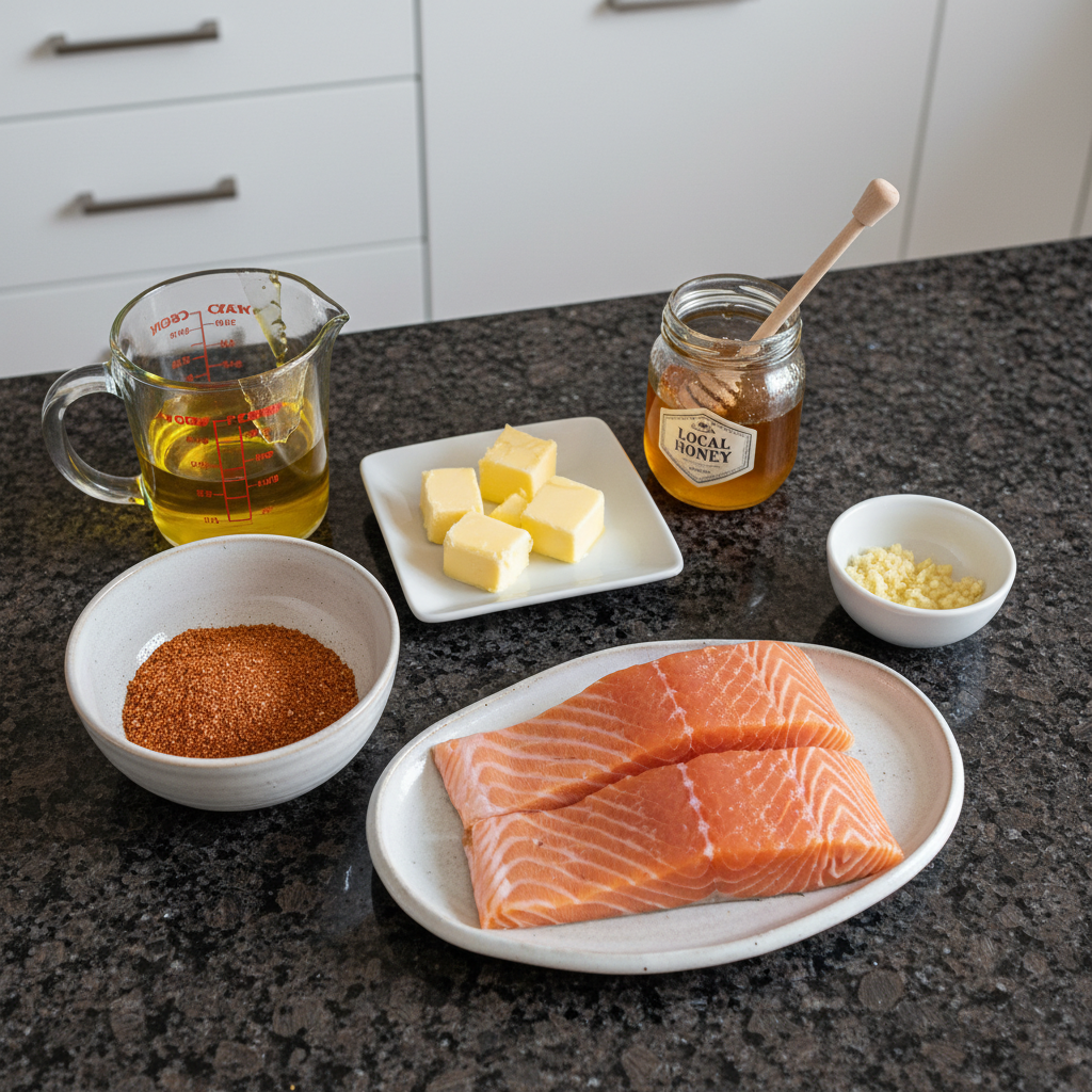 Cajun honey butter salmon ingredients including salmon, honey, butter, and cajun spices.