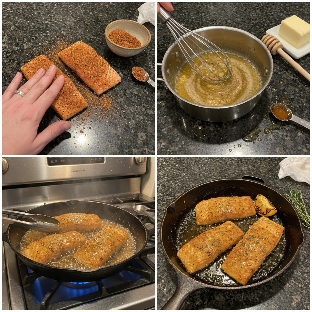 Preparing cajun honey butter salmon by brushing honey butter on salmon fillets.