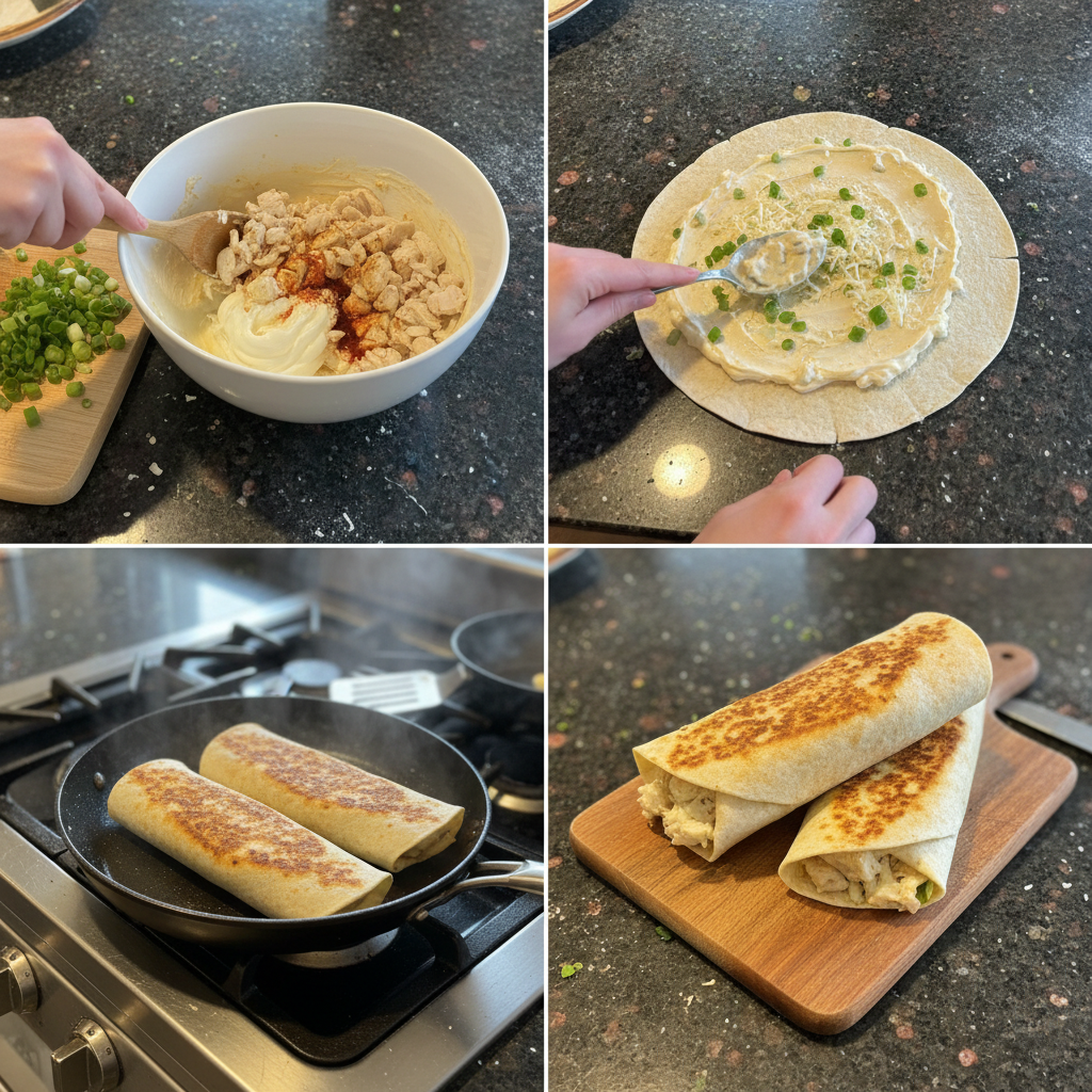 Step-by-step preparation of Cheesy Garlic Chicken Wraps.