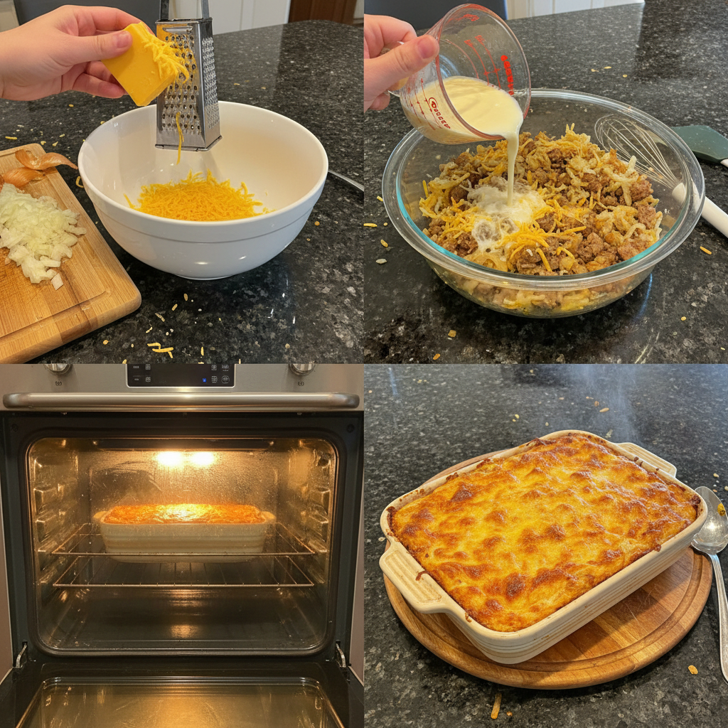 Assembling a delicious cheesy potato breakfast casserole.