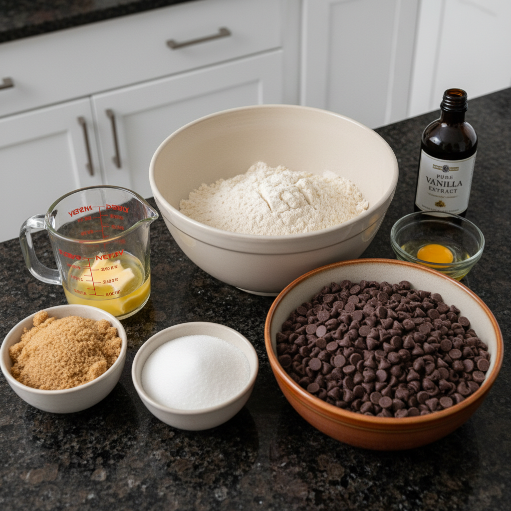 Ingredients for soft chocolate chip cookies, including flour, sugar, and chocolate chips.