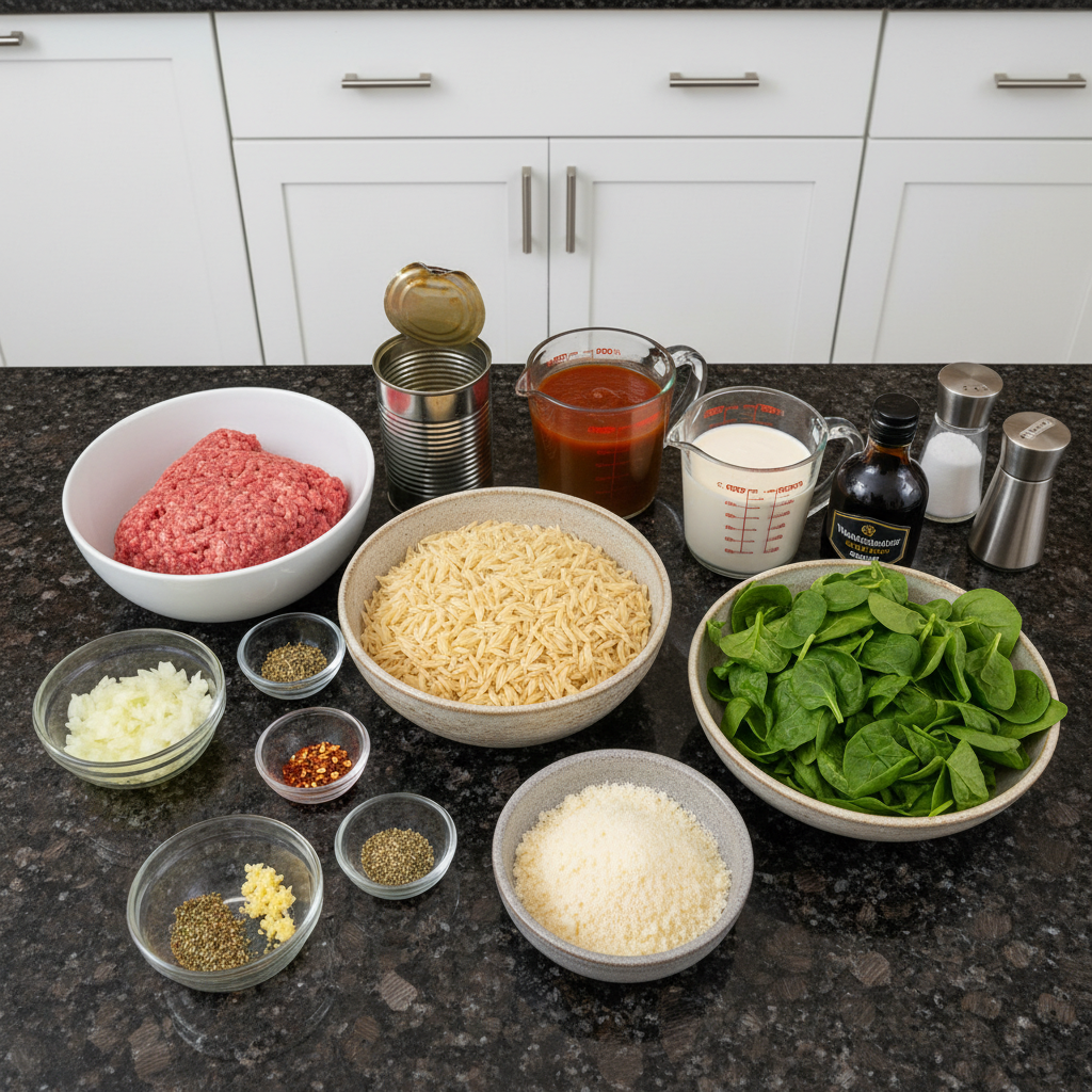 Creamy beef orzo ingredients arranged on a wooden surface.