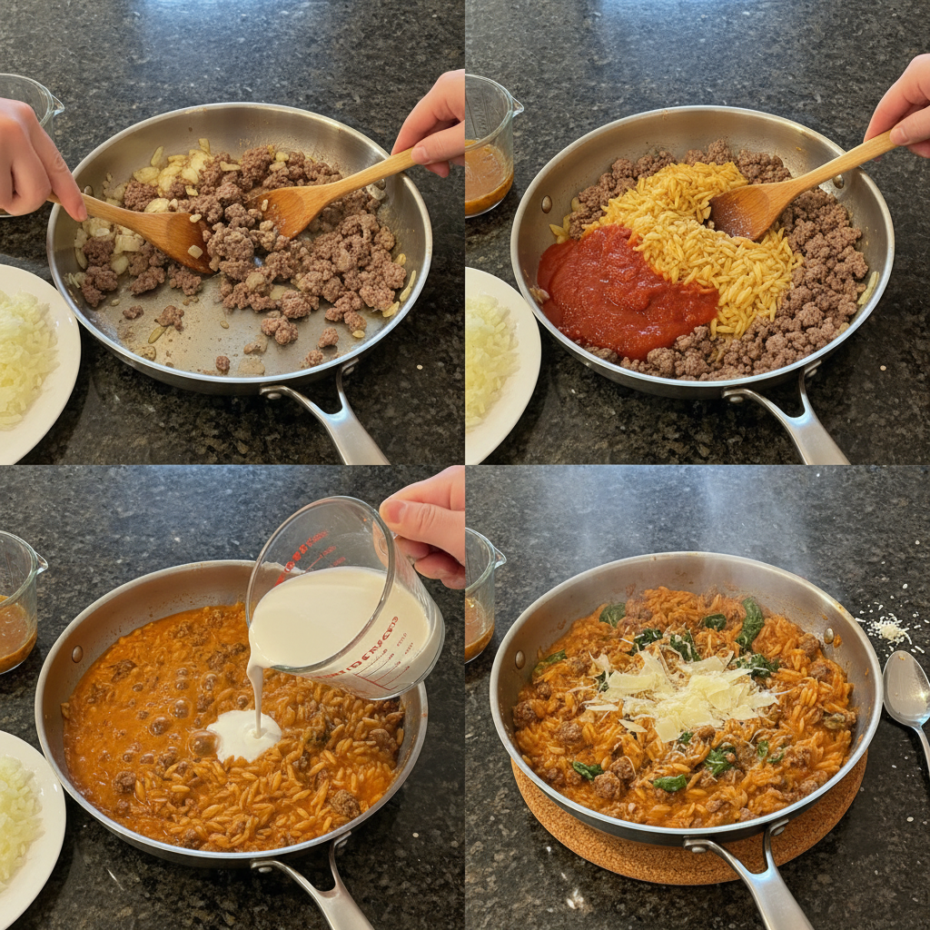Creamy beef orzo being cooked in a skillet.