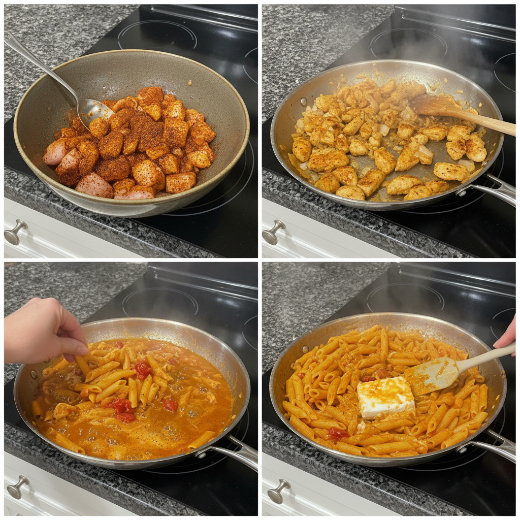 Searing seasoned chicken in a pan for creamy Cajun chicken pasta.